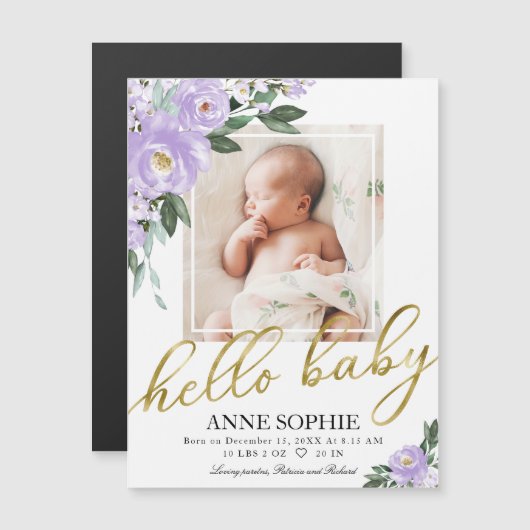 可愛い紫のフローラ写真誕生のお知らせ (正面/裏面)