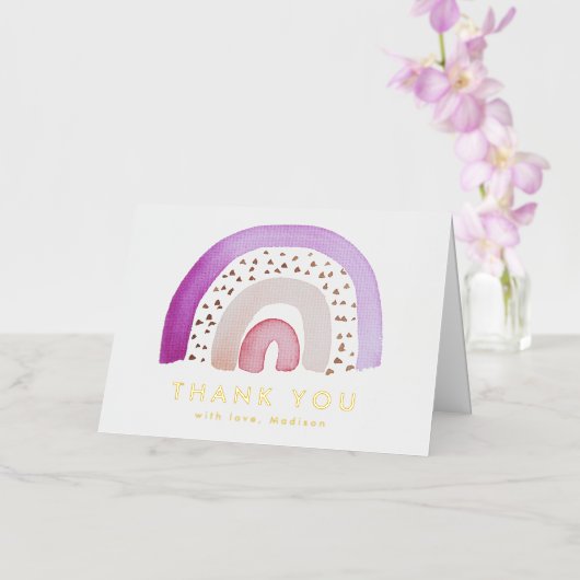 可愛い紫の水彩虹ありがとう 箔グリーティングカード (蘭)