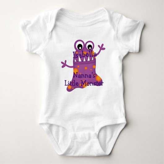可愛い紫の漫画ブロブモンスター子供へおもしろい ベビーボディスーツ (正面)