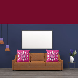 可愛い紫の猫と白いストライプピンクモダン色 クッション