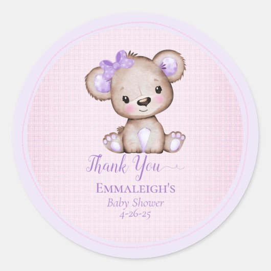 可愛い紫の茶色のクマのお願いありがとう ラウンドシール (正面)