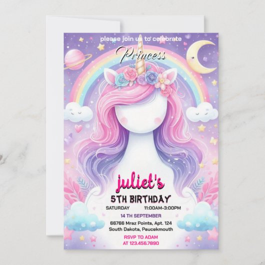 可愛い紫ガーリーピンクのユニコーンの女の子1歳の誕生日 招待状 (正面)