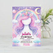 可愛い紫ガーリーピンクのユニコーンの女の子1歳の誕生日 招待状 (スタンド正面)