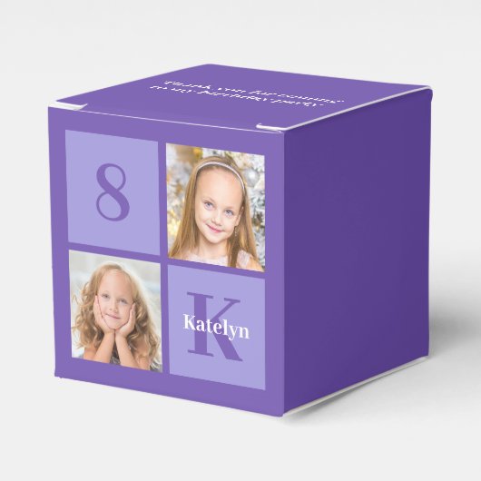 可愛い紫パーソナライズされた写真誕生会 フェイバーボックス (正面サイド)