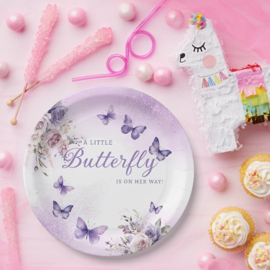 可愛い紫モダンの水彩色フローラ赤ちゃんシャワー ペーパープレート (パーティー)