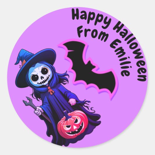 可愛い紫色のかかしとこうもりハロウィン ラウンドシール (正面)