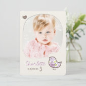 可愛い紫色のダマスクの鳥の女の子フォトバースデーパーティー 招待状 (スタンド正面)