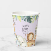 可愛い紫色のベビーアニマルのジャングルベビーシャワー 紙コップ (裏面)