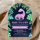 可愛い紫色の恐竜アーチ海軍ブルーベビーシャワー 招待状
