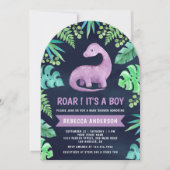 可愛い紫色の恐竜アーチ海軍ブルーベビーシャワー 招待状 (正面)