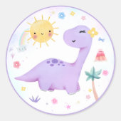 可愛い紫色の恐竜パーティークラシックラウンドステッカー ラウンドシール (正面)
