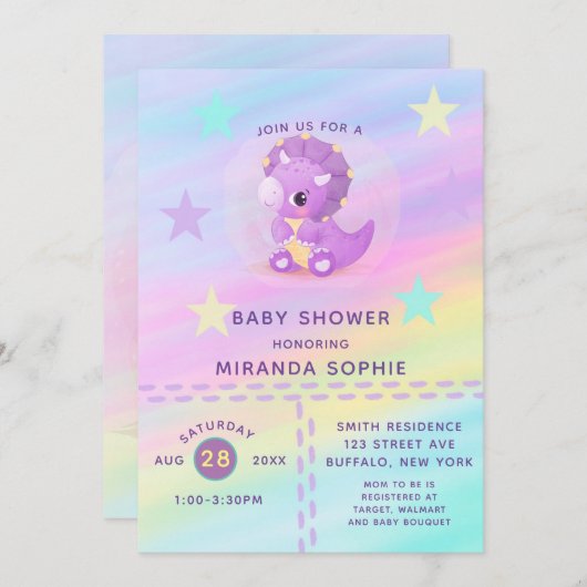 可愛い紫色の恐竜レインボーアートベイビーシャワーInvi 招待状 (正面/裏面)