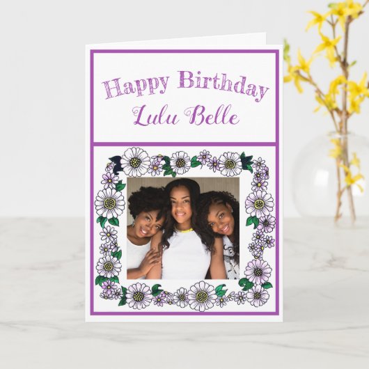 可愛い紫色の花額写真ハッピーバースデー カード (黄色い花)