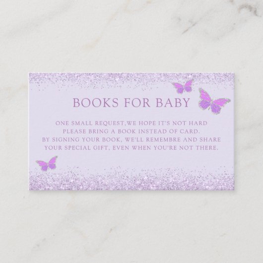 可愛い紫色の蝶の赤ちゃんシャワー本ベビー エンクロージャーカード (正面)