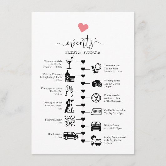 可愛い結婚ハート、ゲストの旅程と一緒のタイムライン アドバイスカード (正面)