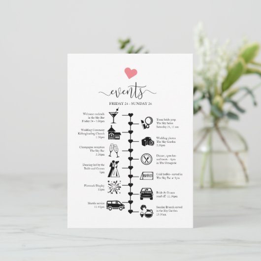 可愛い結婚ハート、ゲストの旅程と一緒のタイムライン アドバイスカード (スタンド正面)