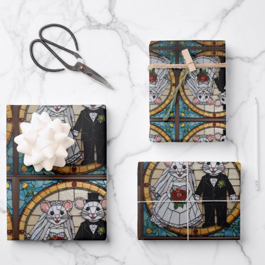 可愛い結婚バニーのカップル手モザイク ラッピングペーパーシート (正面)