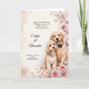 可愛い結婚式の犬のピンクの花の水彩画 カード