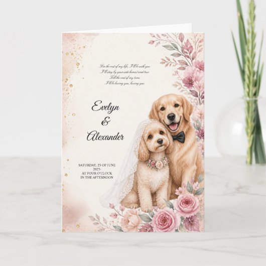 可愛い結婚式の犬のピンクの花の水彩画 カード (正面)