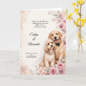 可愛い結婚式の犬のピンクの花の水彩画 カード (黄色い花)