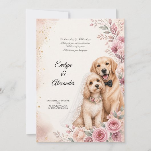可愛い結婚式の犬のピンクの花の水彩画 招待状 (正面)