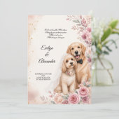 可愛い結婚式の犬のピンクの花の水彩画 招待状 (スタンド正面)