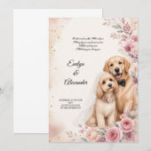 可愛い結婚式の犬のピンクの花の水彩画 招待状 (正面/裏面)