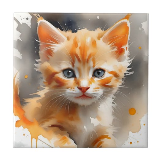 可愛い絵を描オレンジ色の猫 タイル (正面)