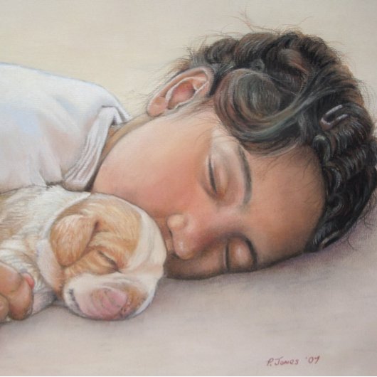 可愛い絵画子犬を抱いた現実の子ども ジグソーパズル