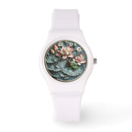 可愛い緑のカエルのユリがピンクの睡蓮をパッド 腕時計