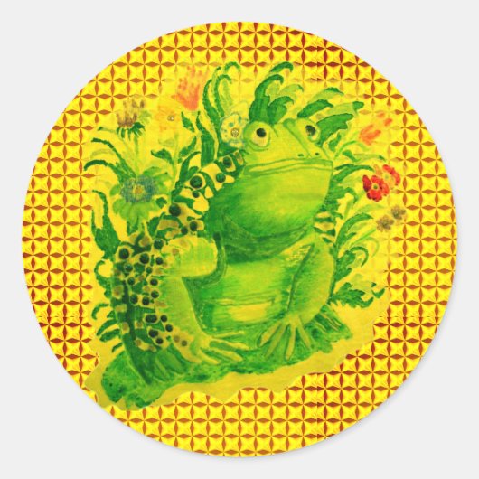 可愛い緑のカエル絵画の絵 ラウンドシール (正面)