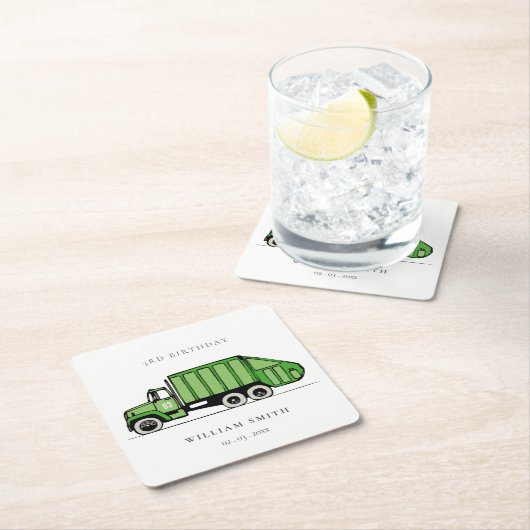 可愛い緑のゴミートラック子供たち任意の年齢誕生日 スクエアペーパーコースター (インサイチュ)