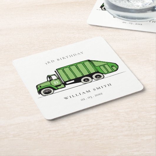 可愛い緑のゴミートラック子供たち任意の年齢誕生日 スクエアペーパーコースター (アングル)