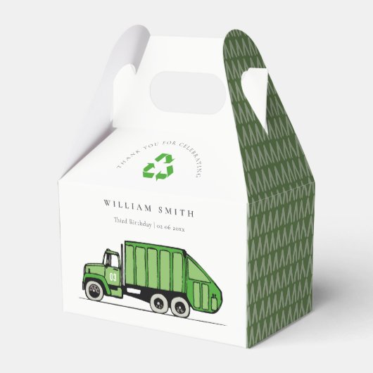 可愛い緑のゴミートラック子供たち任意の年齢誕生日 フェイバーボックス (正面サイド)