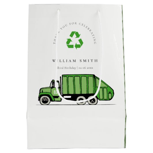 可愛い緑のゴミートラック子供たち任意の年齢誕生日 ミディアムペーパーバッグ (裏面)