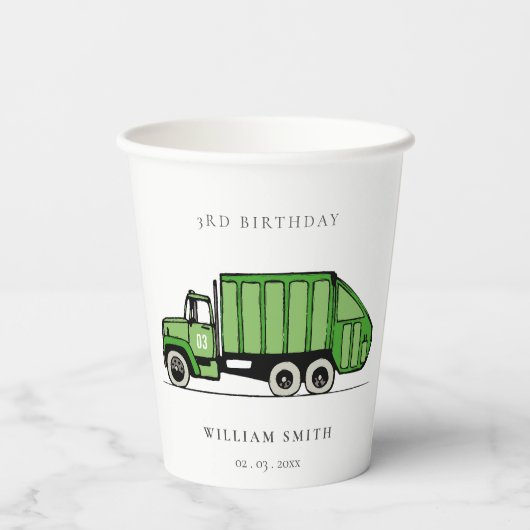 可愛い緑のゴミートラック子供たち任意の年齢誕生日 紙コップ (裏面)