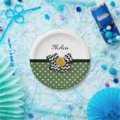 可愛い緑のドット黄色のローズシェブロン弓と名前 ペーパープレート (パーティー)