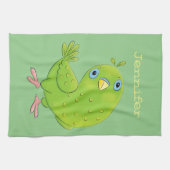 可愛い緑の好奇心のインコ漫画イラストレーション キッチンタオル (横)