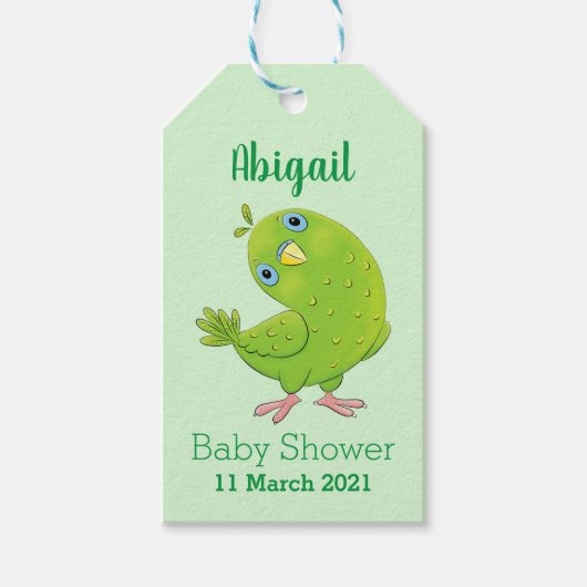 可愛い緑の好奇心のインコ漫画イラストレーション ギフトタグ (正面)