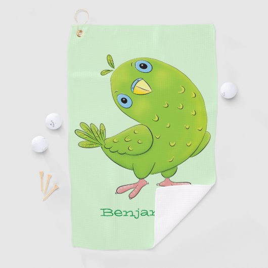 可愛い緑の好奇心のインコ漫画イラストレーション ゴルフタオル (インサイチュ)