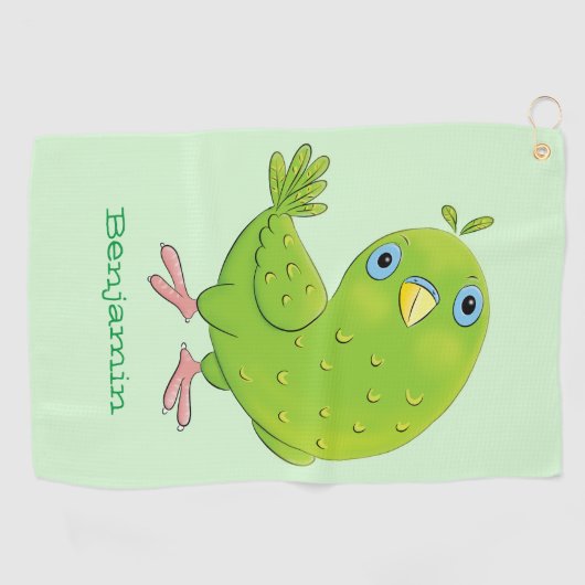 可愛い緑の好奇心のインコ漫画イラストレーション ゴルフタオル (横)