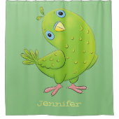 可愛い緑の好奇心のインコ漫画イラストレーション シャワーカーテン (正面)