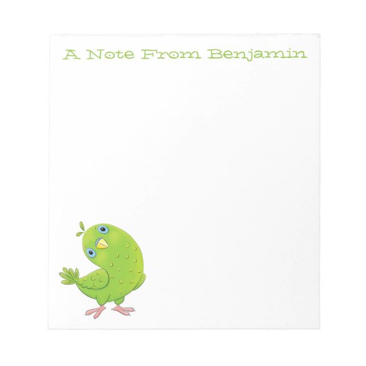 可愛い緑の好奇心のインコ漫画イラストレーション ノートパッド (正面)