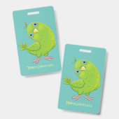 可愛い緑の好奇心のインコ漫画イラストレーション バッジ (正面＆裏面)