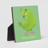 可愛い緑の好奇心のインコ漫画イラストレーション フォトプラーク (正面)