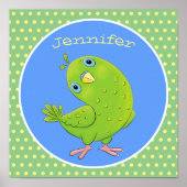 可愛い緑の好奇心のインコ漫画イラストレーション ポスター (正面)