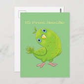 可愛い緑の好奇心のインコ漫画イラストレーション ポストカード (正面/裏面)