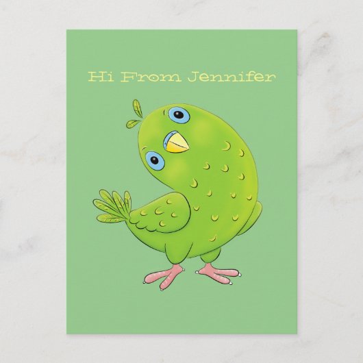 可愛い緑の好奇心のインコ漫画イラストレーション ポストカード (正面)