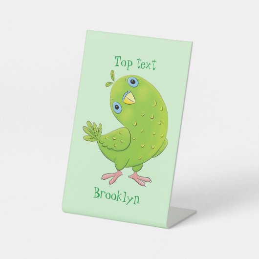 可愛い緑の好奇心のインコ漫画イラストレーション 台座サイン (正面)