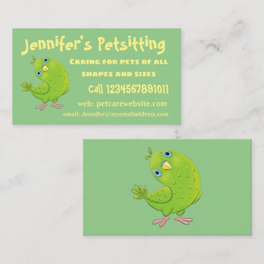 可愛い緑の好奇心のインコ漫画イラストレーション 名刺 (正面/裏面)